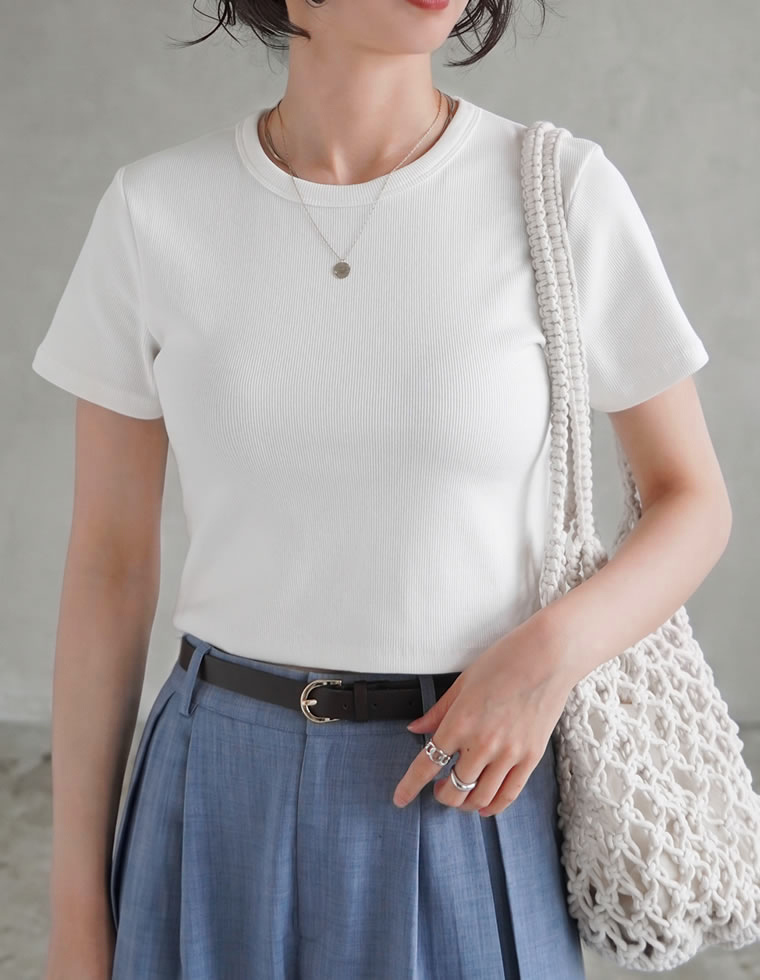半袖 Tシャツ レディース トップス クロップド丈 カットソー ストレッチ コンパクト オフィスカジュアル 伸縮性 シンプル 新色追加 春夏[mb] | Re:EDIT | 02