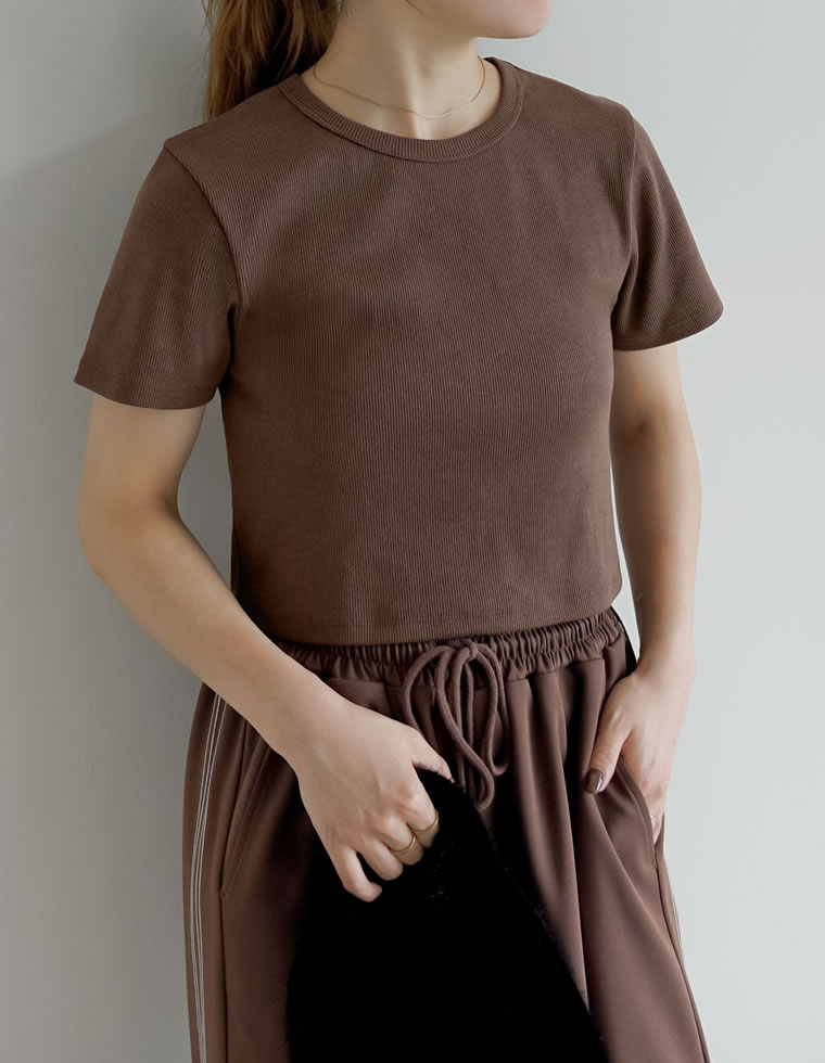 半袖 Tシャツ レディース トップス クロップド丈 カットソー ストレッチ コンパクト オフィスカジュアル 伸縮性 シンプル 新色追加 春夏[mb] | Re:EDIT | 03