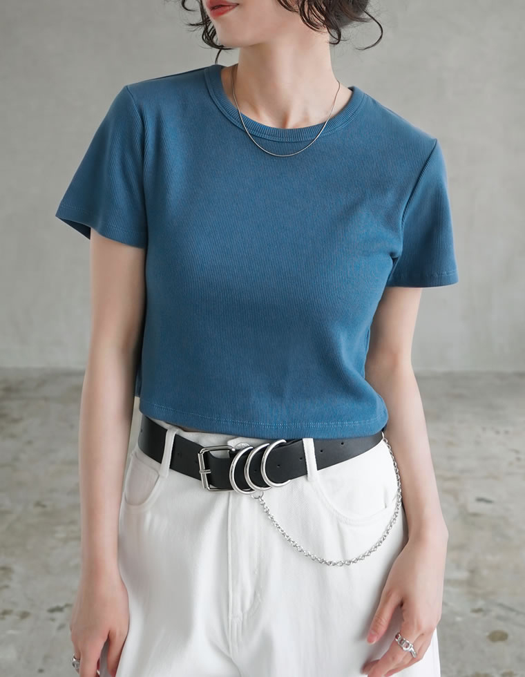 半袖 Tシャツ レディース トップス クロップド丈 カットソー ストレッチ コンパクト オフィスカジュアル 伸縮性 シンプル 新色追加 春夏[mb] | Re:EDIT | 05
