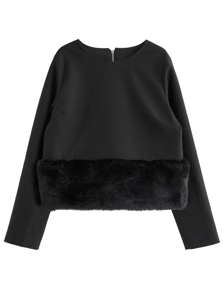 微起毛ツイル裾ファー切り替え長袖トップス