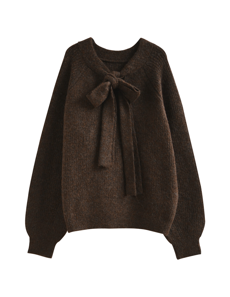 片畔ニットネックリボントップス