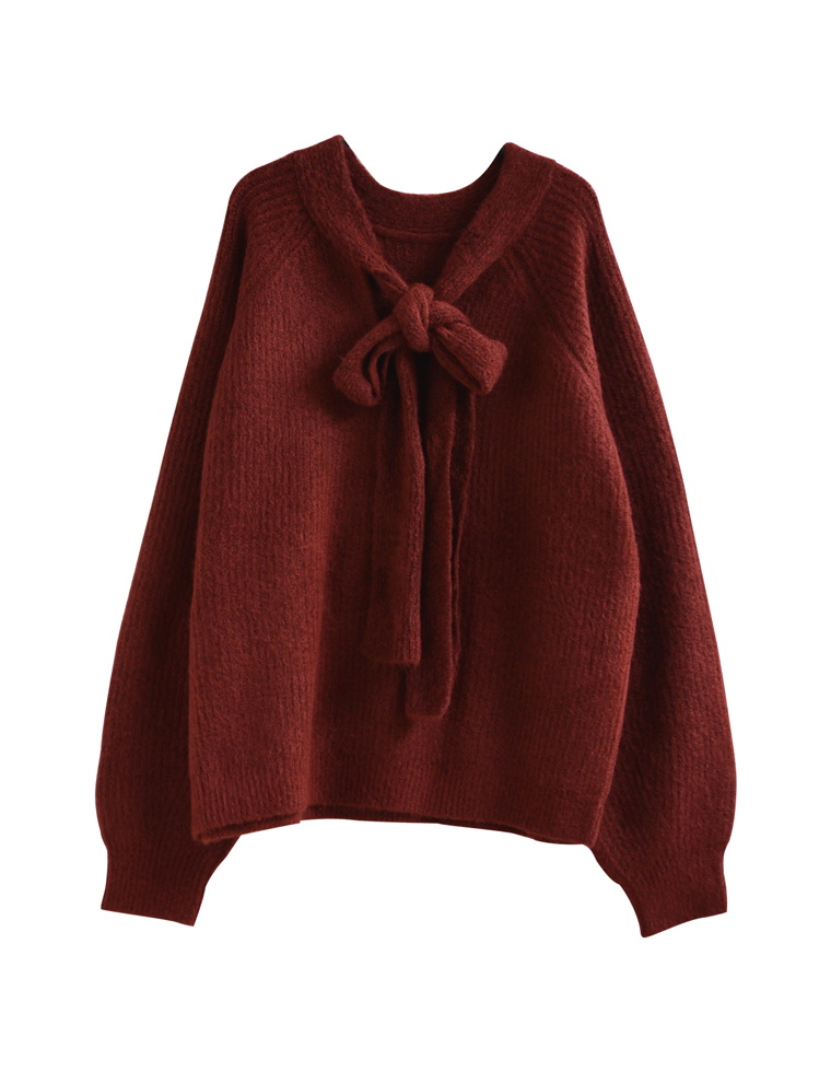 片畔ニットネックリボントップス