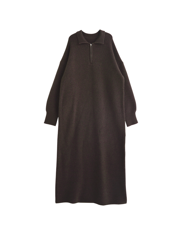 片畔編み襟付きハーフジップニットワンピ