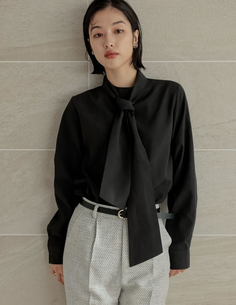 卒業式 母 服装 セレモニー トップス ブラウス 長袖 レディース 4色 M/L タイ付き リボン シャツ ハイネック ピーチスキン カラーシャツ 春カラー 春夏 | Re:EDIT | 01