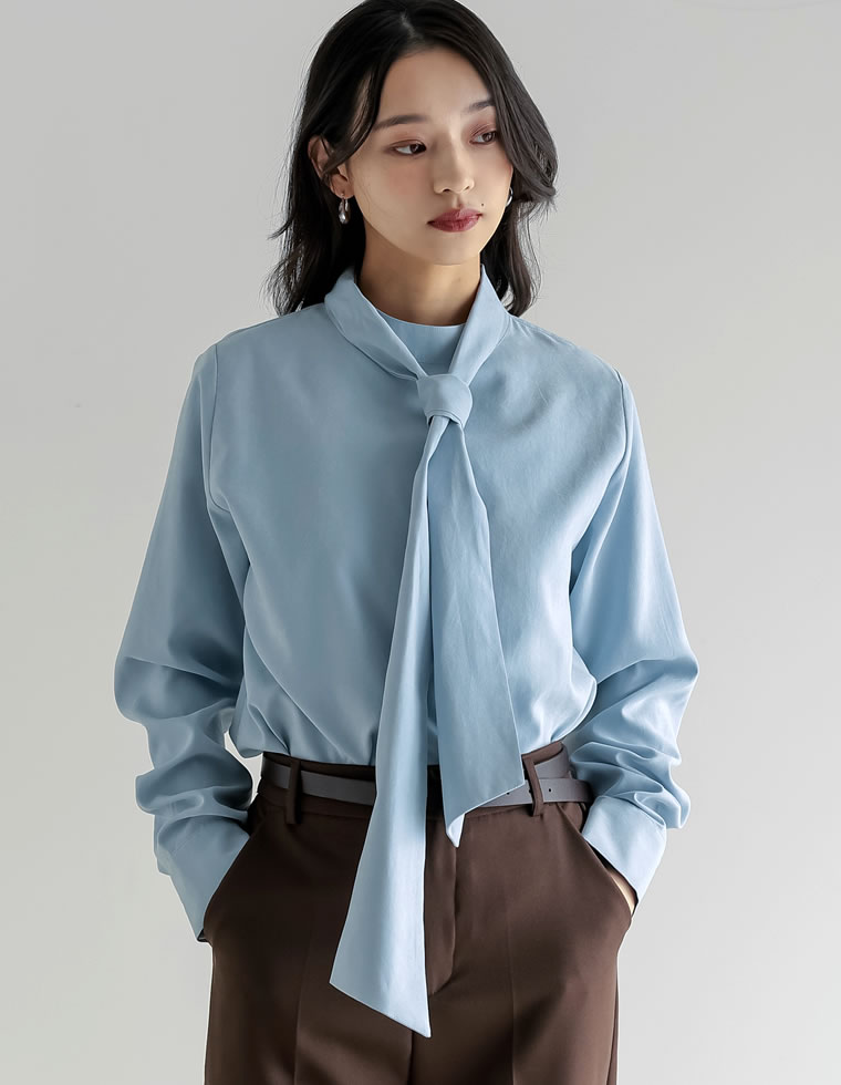 卒業式 母 服装 セレモニー トップス ブラウス 長袖 レディース 4色 M/L タイ付き リボン シャツ ハイネック ピーチスキン カラーシャツ 春カラー 春夏 | Re:EDIT | 03