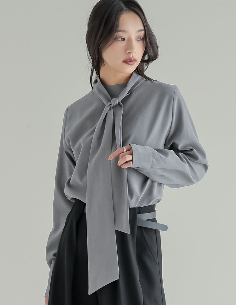 卒業式 母 服装 セレモニー トップス ブラウス 長袖 レディース 4色 M/L タイ付き リボン シャツ ハイネック ピーチスキン カラーシャツ 春カラー 春夏 | Re:EDIT | 02