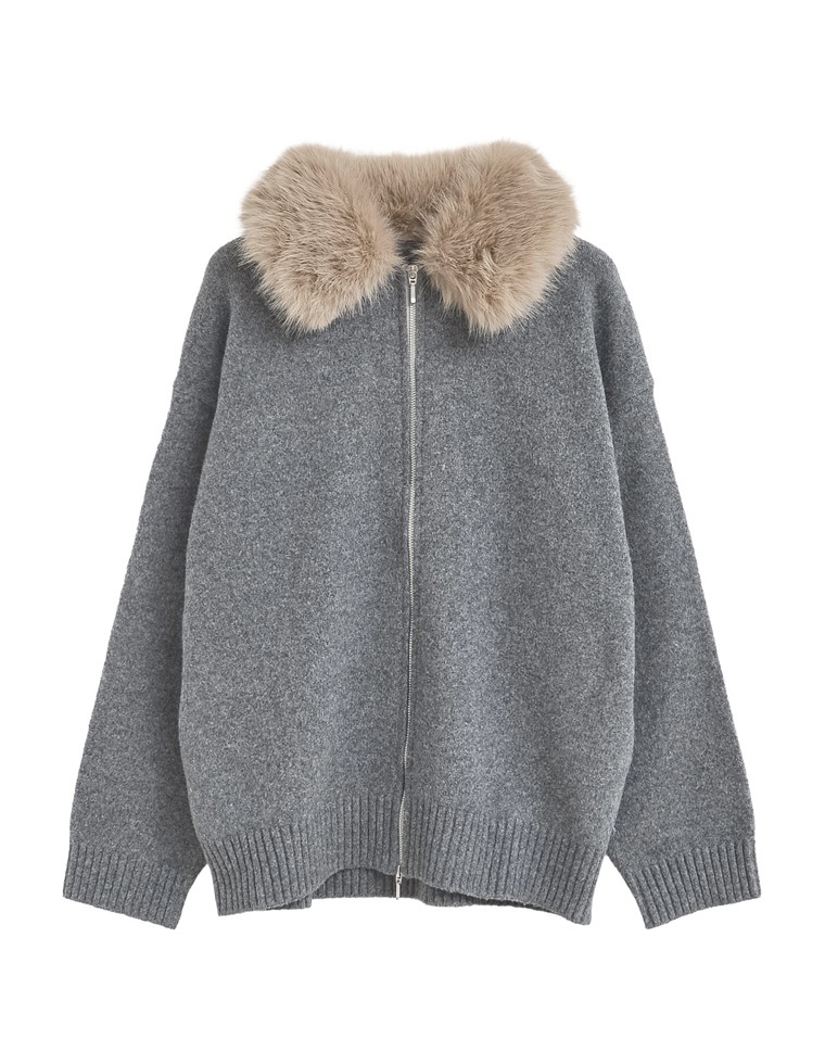 フェイクファー襟ダブルジップニットコート