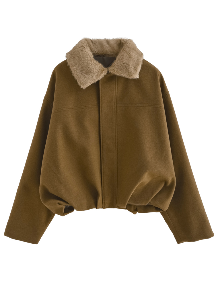 襟ファー起毛カルゼ裾バルーンブルゾン