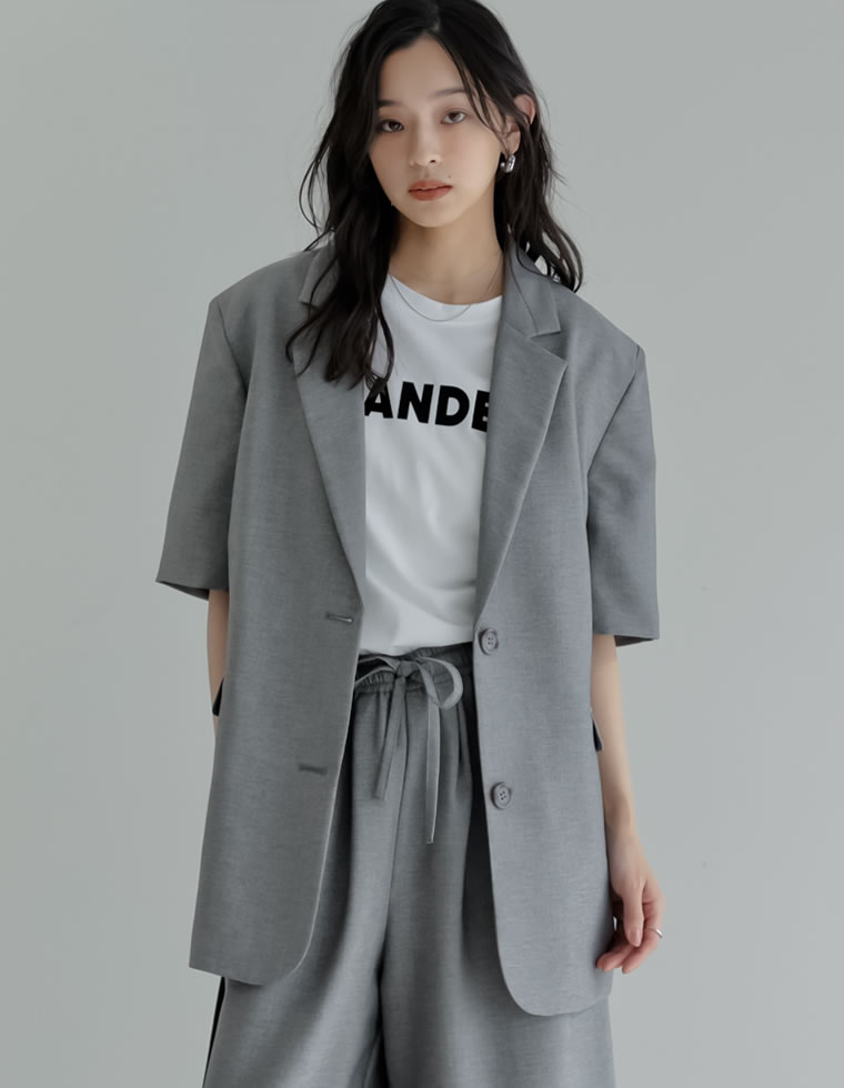 ジャケット レディース アウター 4色 M/L 半袖 シングル 防シワ 手洗い可 UVカット セットアップ対応 リネンライク 麻調 ポケットあり 春夏 | Re:EDIT | 02