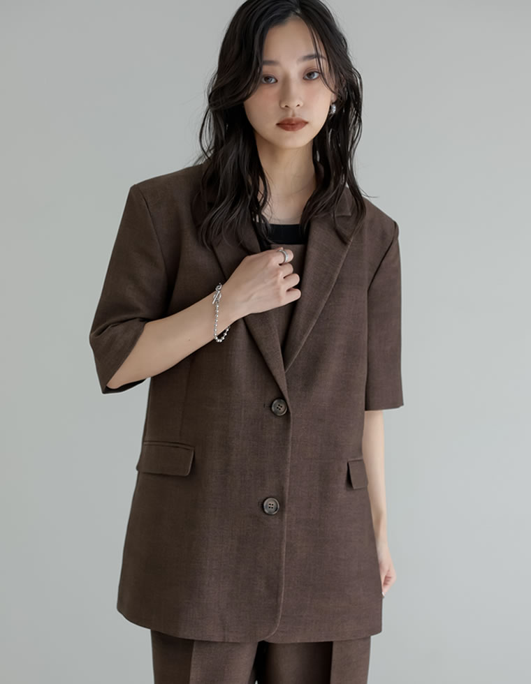 ジャケット レディース アウター 4色 M/L 半袖 シングル 防シワ 手洗い可 UVカット セットアップ対応 リネンライク 麻調 ポケットあり 春夏 | Re:EDIT | 03