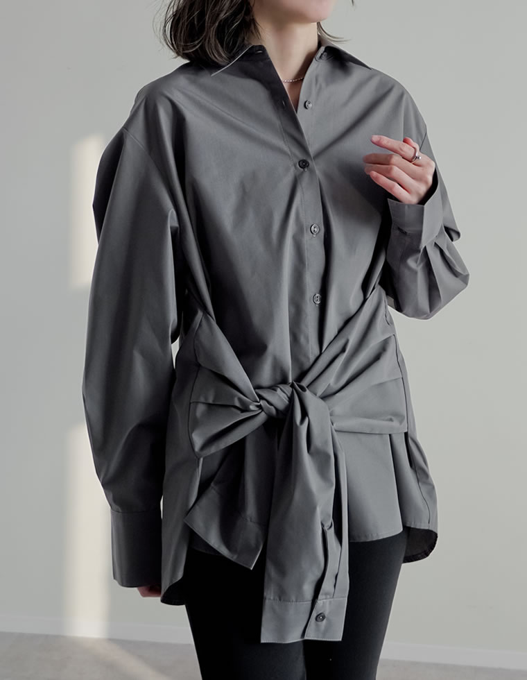 トップス シャツ ブラウス レディース 4色 M/L ウエスト巻き ウエストデザイン 長袖 レイヤード風 体型カバー春夏 | Re:EDIT | 03