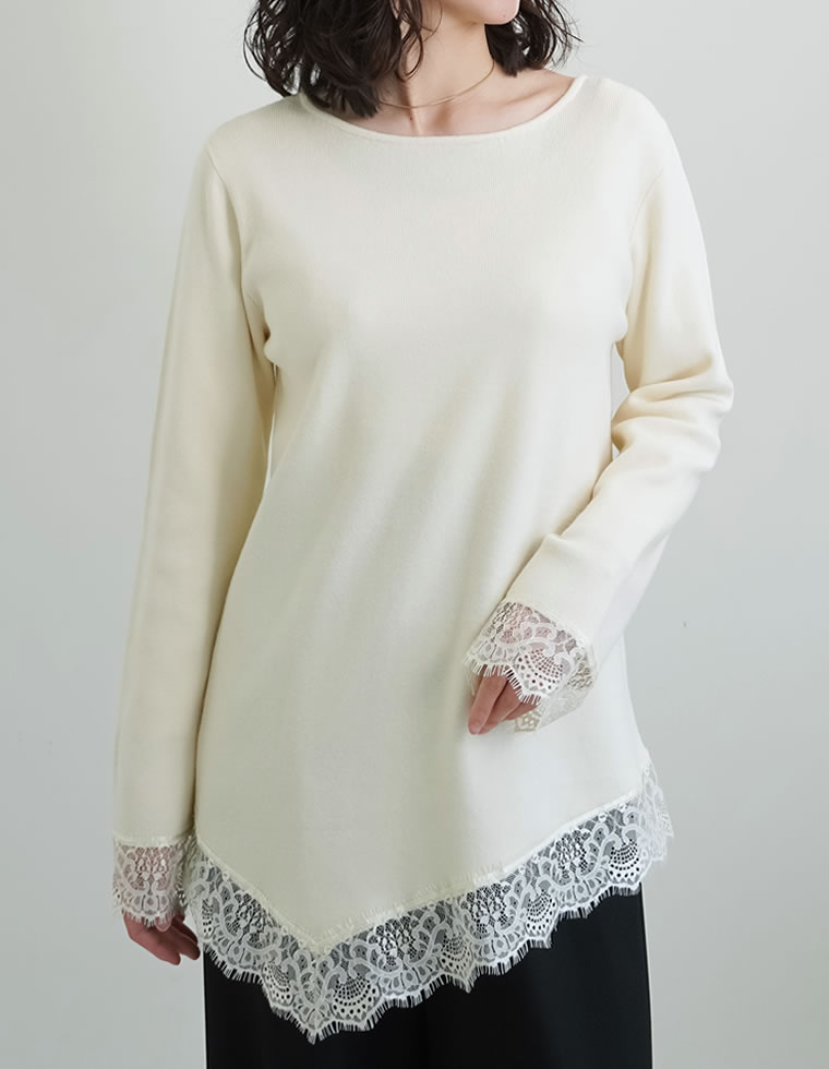 トップス 春夏ニット レディース 3色 M/L アシンメトリー レースニット 体型カバー ハイゲージ ボートネック 春夏 | Re:EDIT | 02