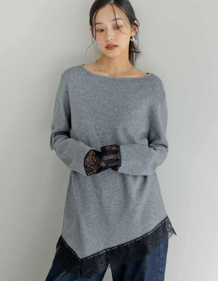 トップス 春夏ニット レディース 3色 M/L アシンメトリー レースニット 体型カバー ハイゲージ ボートネック 春夏 | Re:EDIT | 03