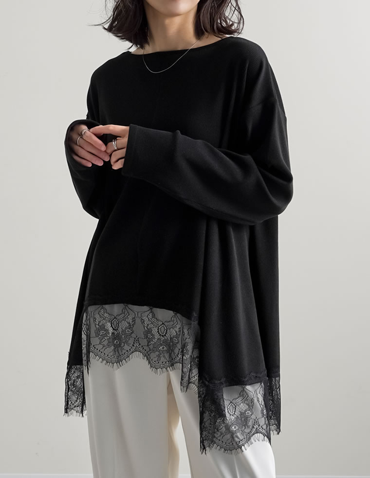 トップス チュニック レディース 2色 M/L カットソー ロンT レースデザイン ボートネック 体型カバー オーバーサイズ 春夏 | Re:EDIT | 01