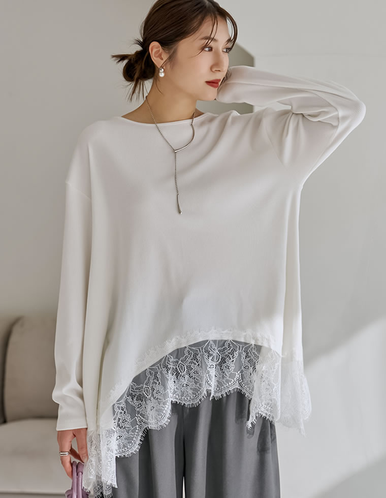 トップス チュニック レディース 2色 M/L カットソー ロンT レースデザイン ボートネック 体型カバー オーバーサイズ 春夏 | Re:EDIT | 02