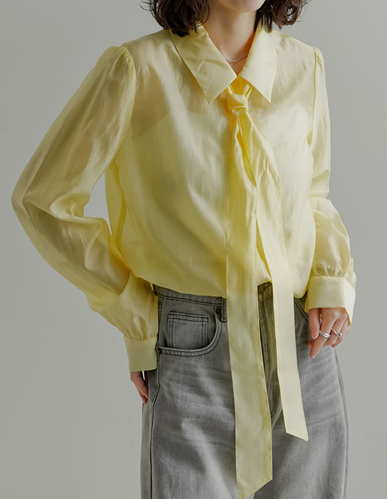 シャツ トップス レディース 5色 M/L リボン付き シアーシャツ ボウタイブラウス ドット柄 シアーブラウス 春夏[mb] | Re:EDIT | 03