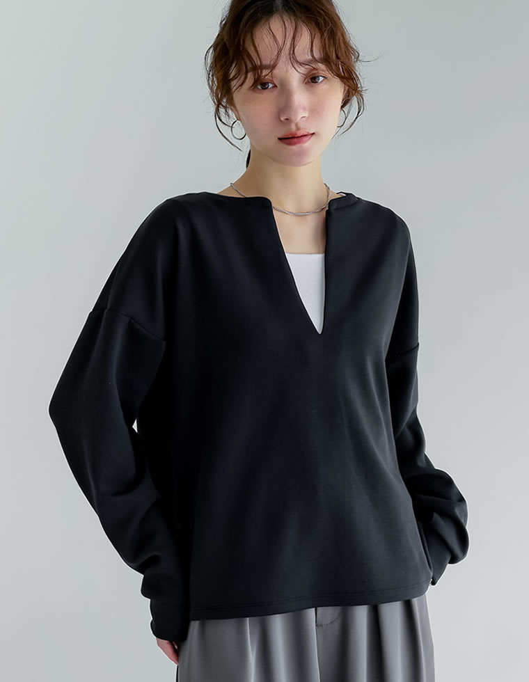 トップス カットソー レディース M/L 4色 プルオーバー マシュマロタッチ 体型カバー ポンチ 長袖 ストレッチ 接触冷感 UVカット 春夏 | Re:EDIT | 01