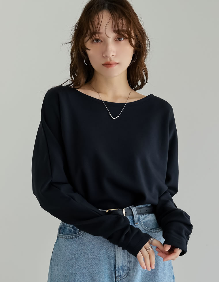 トップス カットソー レディース 3色 M/L プルオーバー マシュマロタッチ ポンチ オフショルダー 長袖 袖ギャザー 接触冷感 UVカット 春夏 | Re:EDIT | 01
