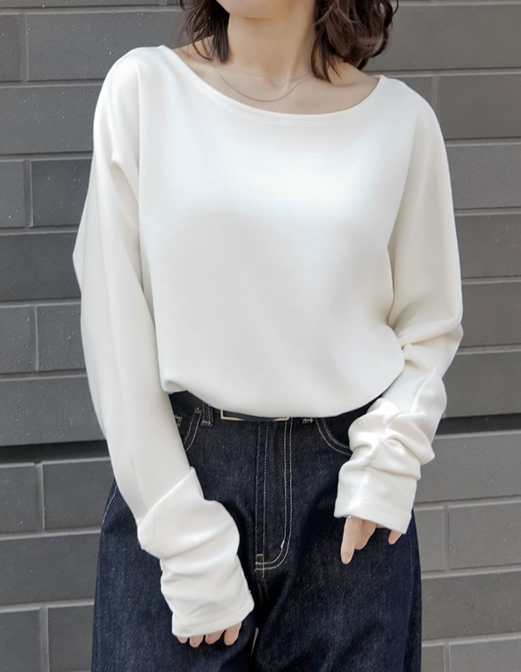 トップス カットソー レディース 3色 M/L プルオーバー マシュマロタッチ ポンチ オフショルダー 長袖 袖ギャザー 接触冷感 UVカット 春夏 | Re:EDIT | 02
