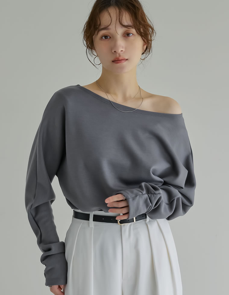トップス カットソー レディース 3色 M/L プルオーバー マシュマロタッチ ポンチ オフショルダー 長袖 袖ギャザー 接触冷感 UVカット 春夏 | Re:EDIT | 03