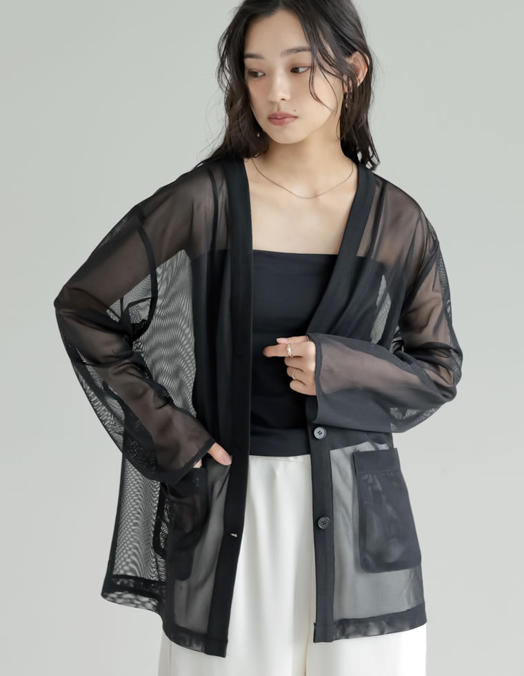 カーディガン メッシュ レディース 4色 M/L シアー 袖リブ レイヤード 涼しい 冷房対策 羽織り レイヤード 重ね着 ポケットあり 春夏[mb] | Re:EDIT | 01