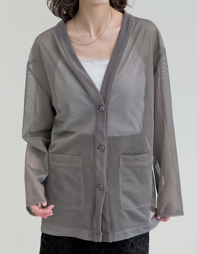カーディガン メッシュ レディース 4色 M/L シアー 袖リブ レイヤード 涼しい 冷房対策 羽織り レイヤード 重ね着 ポケットあり 春夏[mb] | Re:EDIT | 03