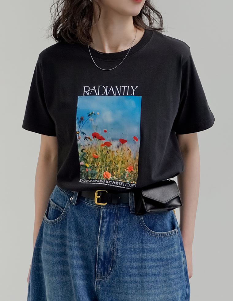 Tシャツ 半袖 カットソー レディース トップス M/L 丸首 綿混 接触冷感 涼感 UVカット 紫外線対策 シワになりにくい プリント 春夏 | Re:EDIT | 01