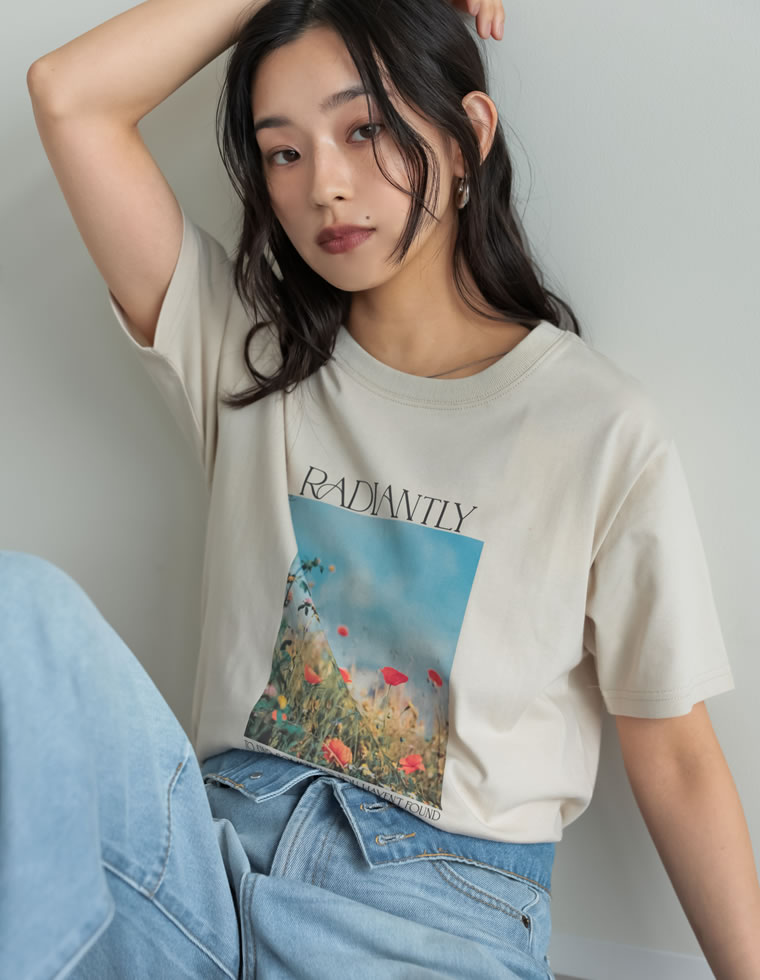 Tシャツ 半袖 カットソー レディース トップス M/L 丸首 綿混 接触冷感 涼感 UVカット 紫外線対策 シワになりにくい プリント 春夏 | Re:EDIT | 04