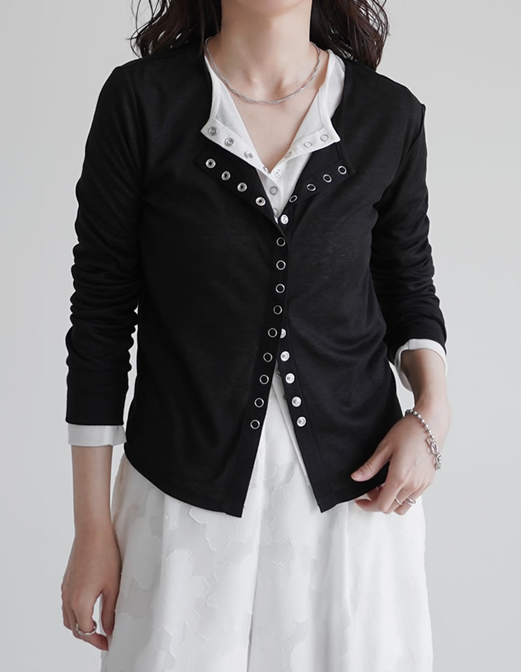 カーディガン レディース トップス M/L 羽織り カットソー シアー 透け感 長袖 フロントスナップボタン シンプル 春夏[mb] | Re:EDIT | 01
