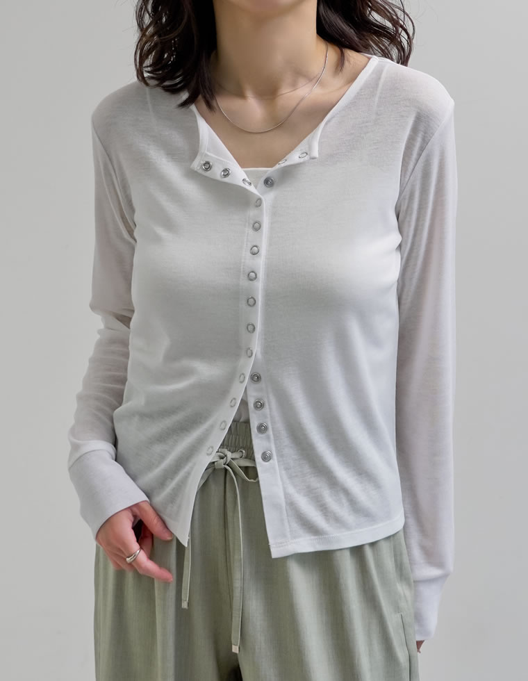 カーディガン レディース トップス M/L 羽織り カットソー シアー 透け感 長袖 フロントスナップボタン シンプル 春夏[mb] | Re:EDIT | 02