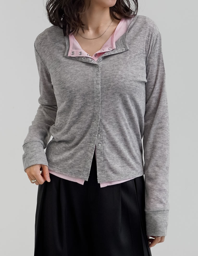 カーディガン レディース トップス M/L 羽織り カットソー シアー 透け感 長袖 フロントスナップボタン シンプル 春夏[mb] | Re:EDIT | 03
