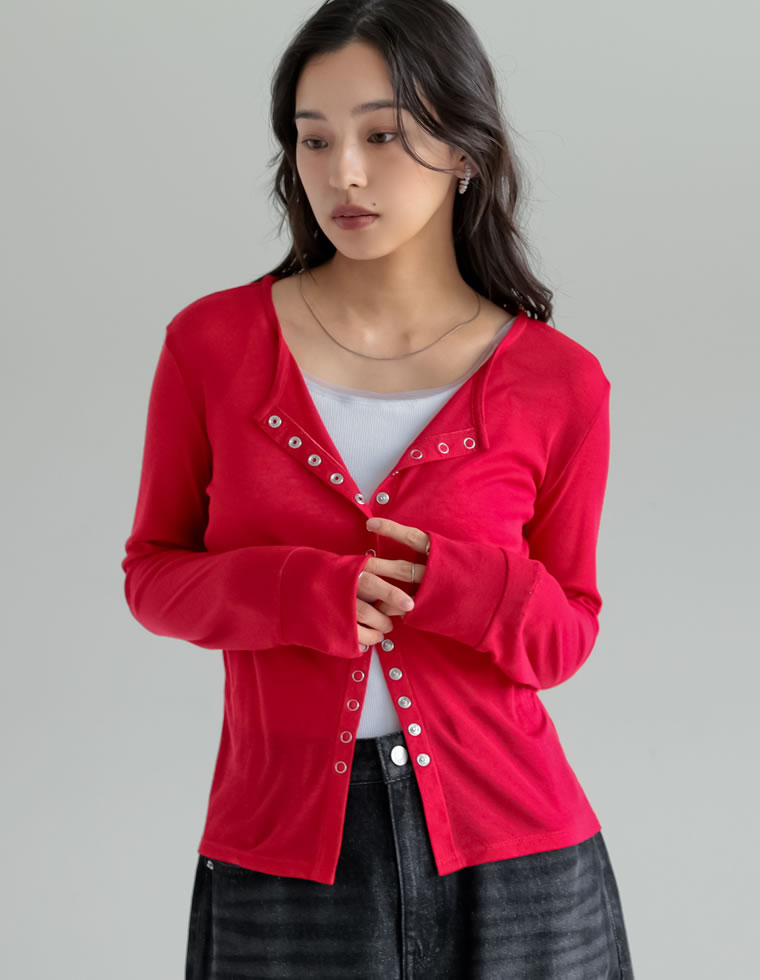 カーディガン レディース トップス M/L 羽織り カットソー シアー 透け感 長袖 フロントスナップボタン シンプル 春夏[mb] | Re:EDIT | 04