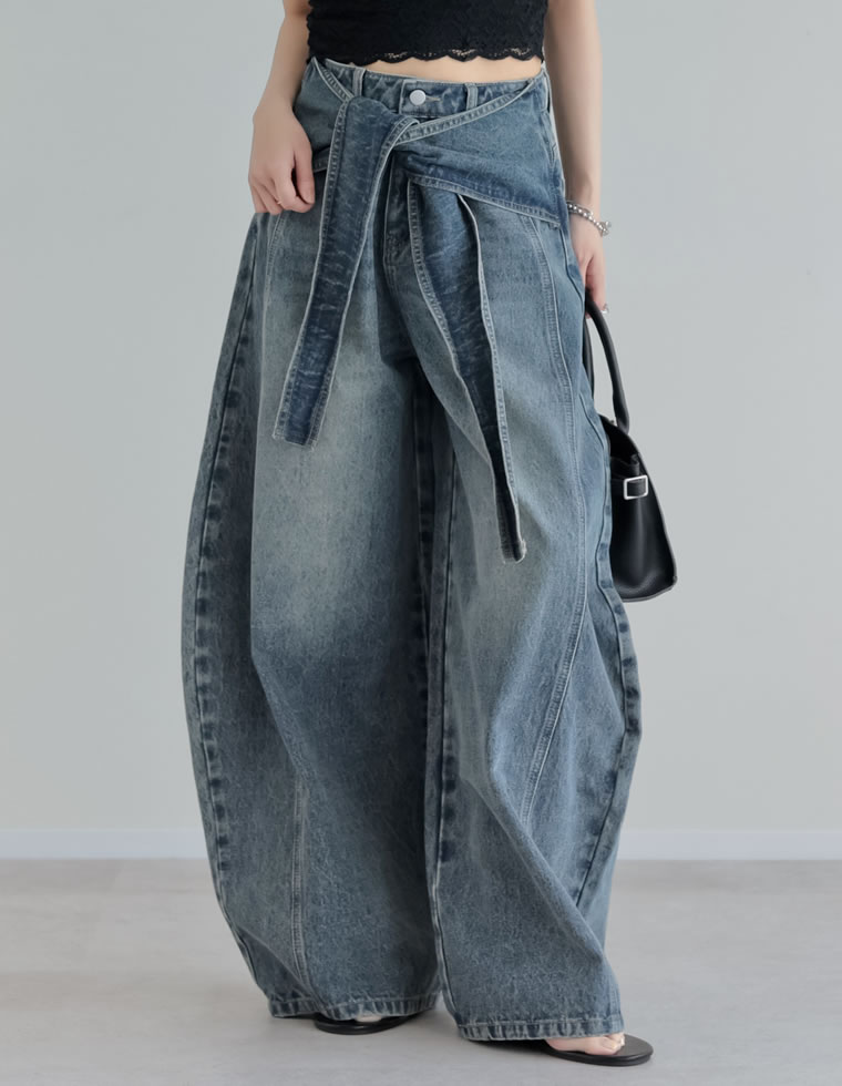 パンツ レディース カーブパンツ パンツ 低身長 高身長 カツラギ 厚手 ワイドパンツ バレルレッグ ウエストベルト取り外し不可 ポケットあり 2026春夏 | Re:EDIT | 03