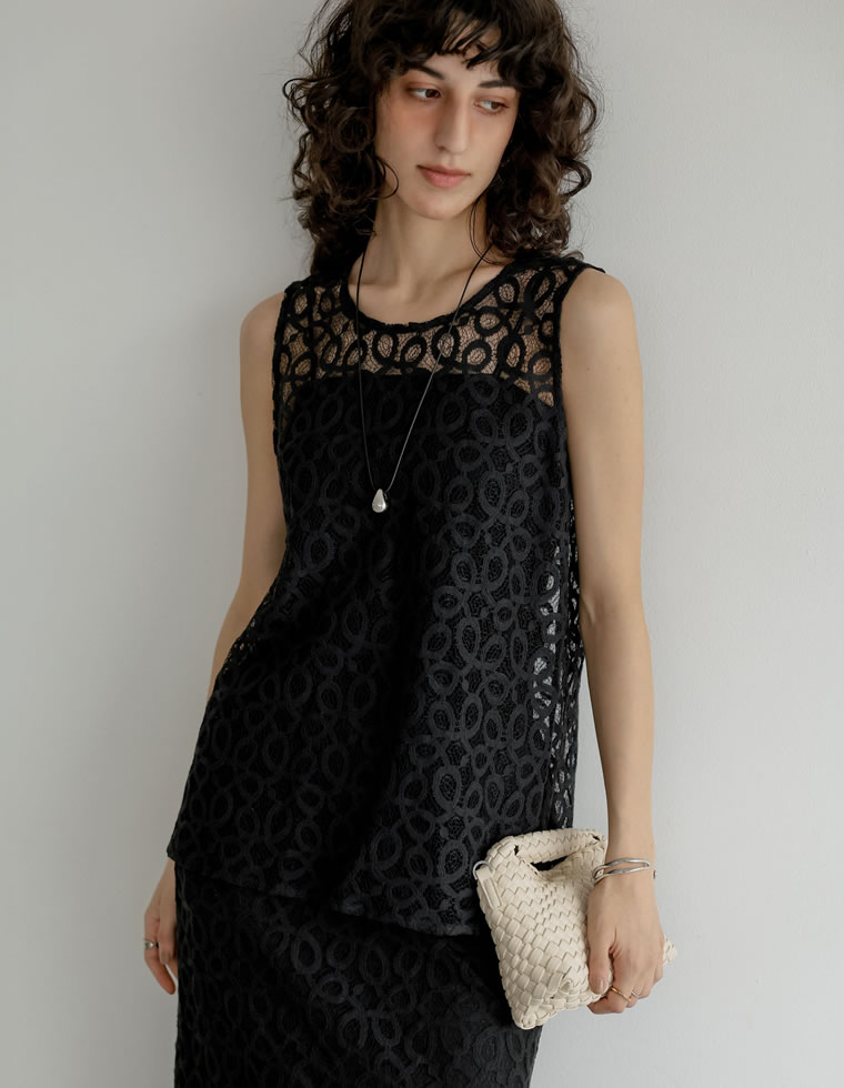 ベスト ジレ レディース トップス M/L コードレース ラッセルレース 前後2WAY ノースリーブ セットアップ対応 春夏[mb] | Re:EDIT | 01
