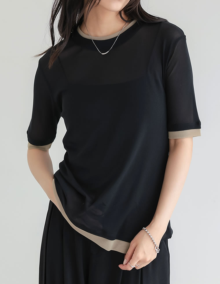 シアートップス シアーTシャツ 半袖 配色 レイヤード風 トップス Tシャツ カットソー パワーメッシュ 重ね着風 春夏[mb] | Re:EDIT | 01
