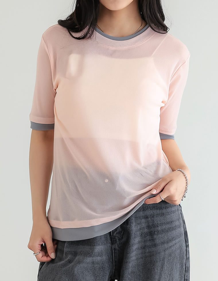 シアートップス シアーTシャツ 半袖 配色 レイヤード風 トップス Tシャツ カットソー パワーメッシュ 重ね着風 春夏[mb] | Re:EDIT | 03