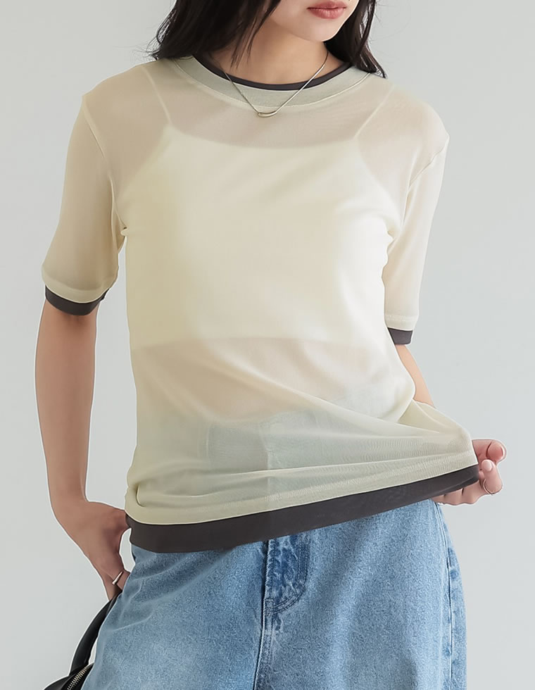 シアートップス シアーTシャツ 半袖 配色 レイヤード風 トップス Tシャツ カットソー パワーメッシュ 重ね着風 春夏[mb] | Re:EDIT | 02