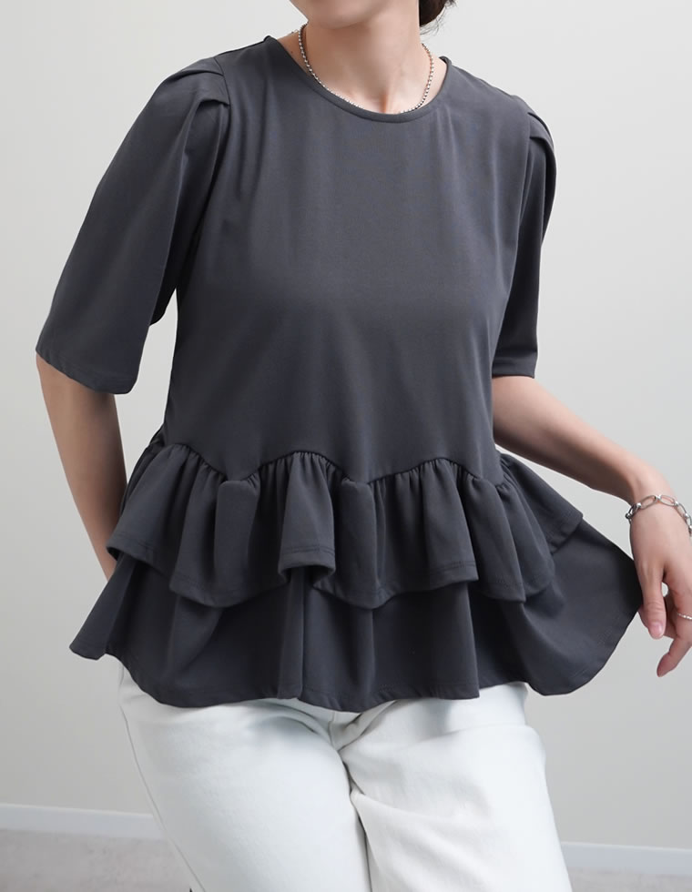 Tシャツ レディース トップス カットソー 半袖 接触冷感 UVカット 紫外線対策 シワになりにくい ペプラム フリル 体型カバー 春夏[mb] | Re:EDIT | 03