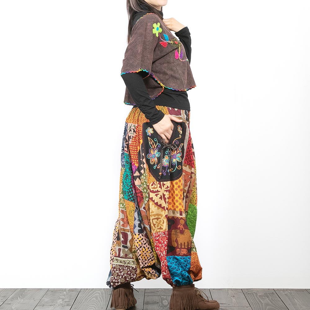 サルエル パンツ ロングパンツ パッチワーク エスニック 刺繍 レディース アジアン ファッション おしゃれ かわいい 大きいサイズ ゆったり ポケット レイヤード