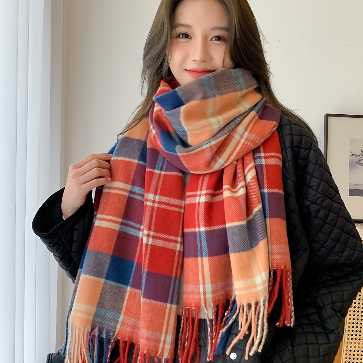 【美品】johnscott ウール チェック マフラー ストール オレンジ 美品】johnscott ウール チェック マフラー ストール オレンジ