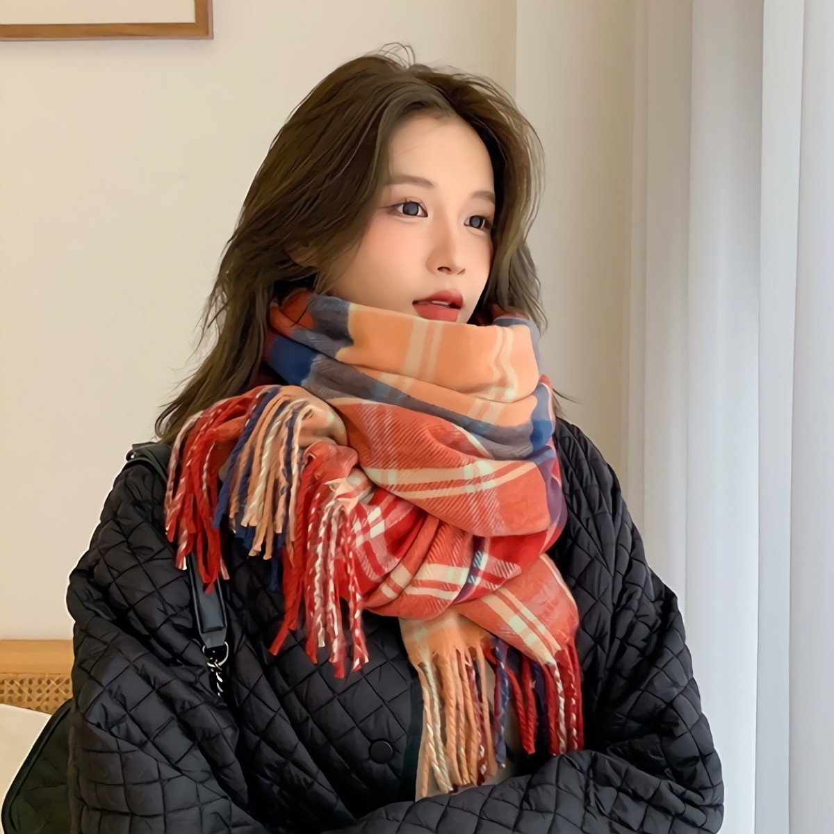 【美品】johnscott ウール チェック マフラー ストール オレンジ 美品】johnscott ウール チェック マフラー ストール オレンジ