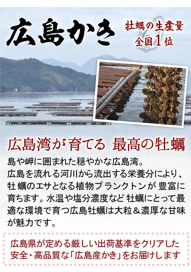 広島牡蠣／牡蠣の生産量　全国1位／島や岬に囲まれた穏やかな広島湾。広島を流れる河川から流出する栄養分により、牡蠣のエサとなる植物プランクトンが豊富に育ちます。水温や塩分濃度など牡蠣にとって最適な環境で育つ広島牡蠣は大粒＆濃厚な甘みが魅力です。広島県が定める厳しい出荷基準をクリアした安全・高品質な「広島産かき」をお届けします