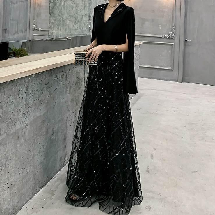 おしゃれロングドレスパーティードレス個性的黒袖ありカッコイイvネック結婚式二次会お呼ばれフォーマル演奏会発表会大人可愛い Bgfiproxoq Centrumzamkovychdlazieb Sk