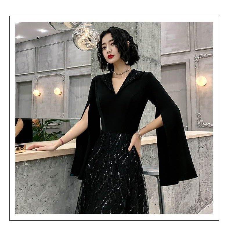 おしゃれロングドレスパーティードレス個性的黒袖ありカッコイイvネック結婚式二次会お呼ばれフォーマル演奏会発表会大人可愛い Bgfiproxoq Centrumzamkovychdlazieb Sk