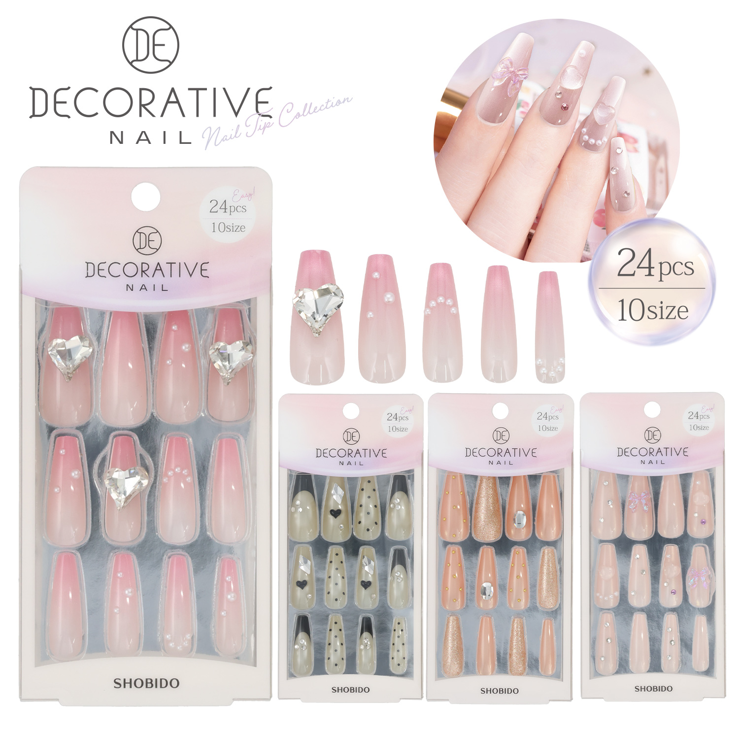 選べるネイルチップ マグネットネイル デコラティブネイル マグネットネイルチップ 24pcs 10size 24Nail Tips