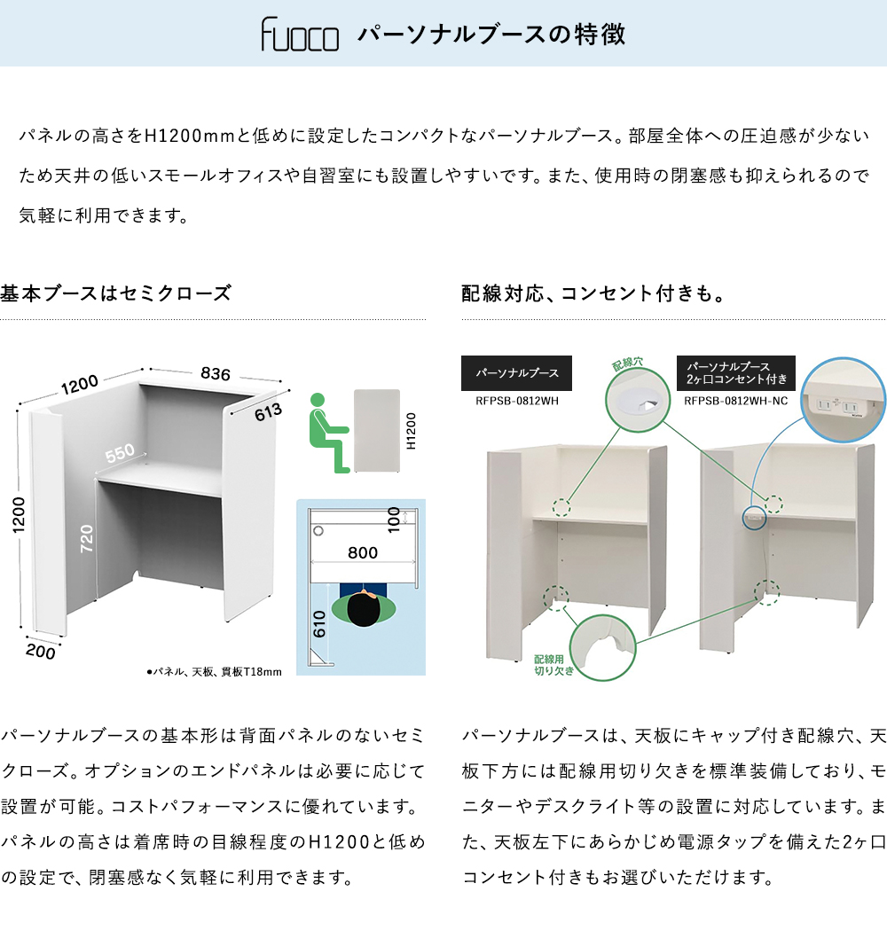 Fuoco パーソナルブース 2ヶ口コンセント エンドP付 W836×H1200(天板