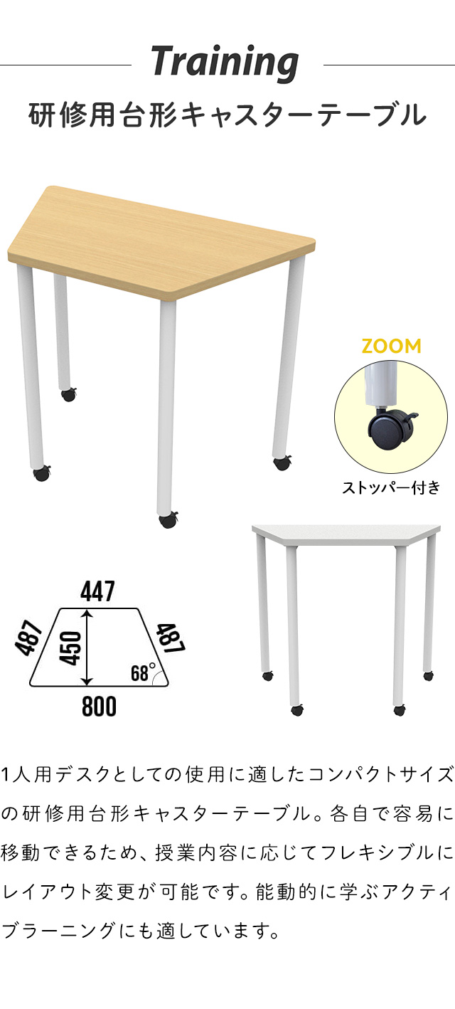 研修用台形キャスターテーブル W800×D450 ホワイト RFJDC-8045DWH 一人