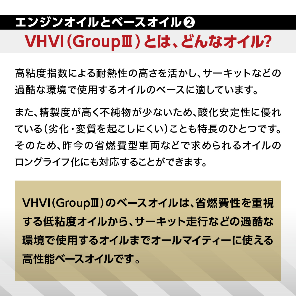 VHVIのオイルは省燃費性を重視する低粘度オイルからサーキット走行などの過酷な環境で使用するオイルまでオールマイティーに使える高性能ベースオイルです。