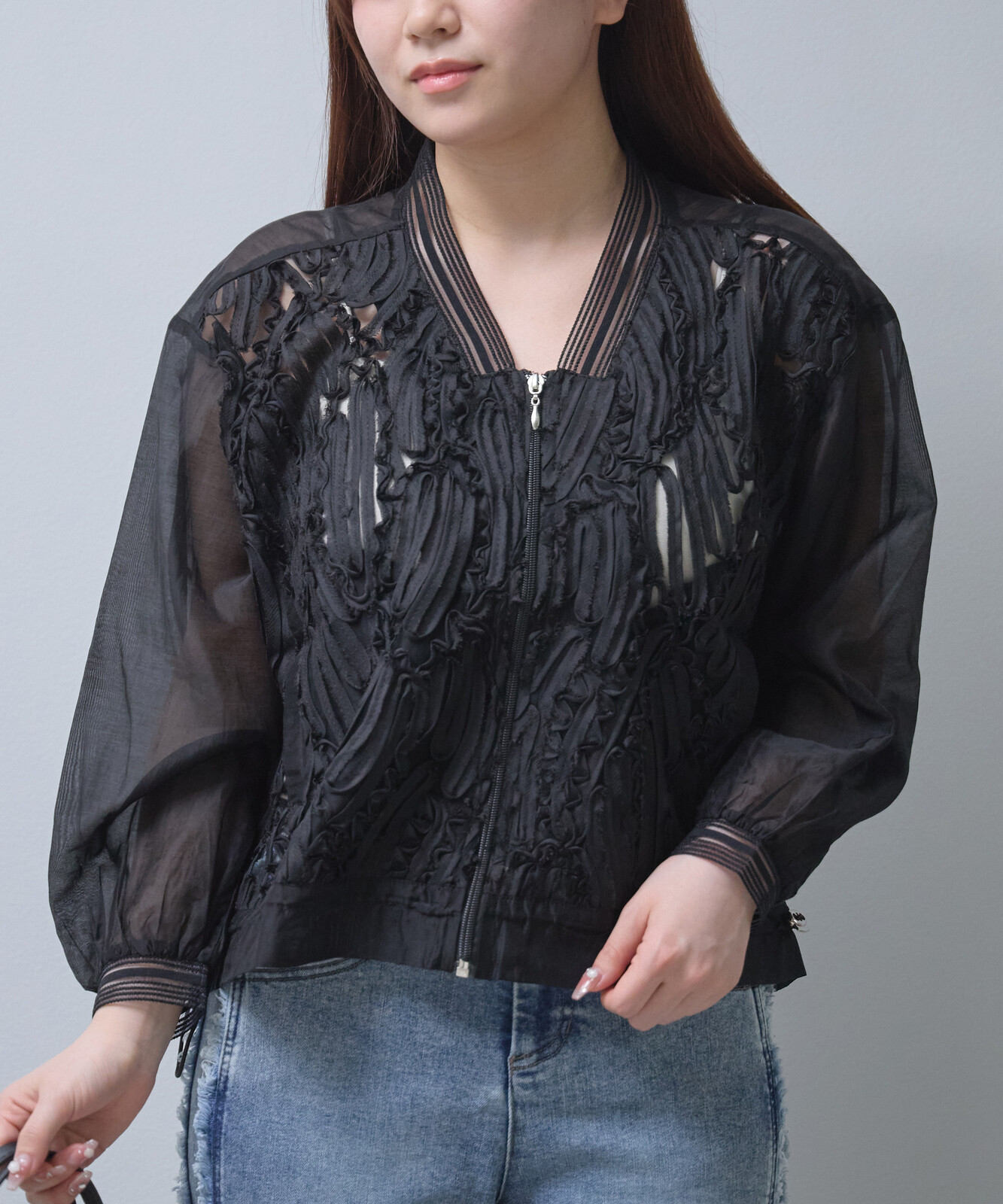 モチーフ付きシアーブルゾン 羽織り アウター ガーリー カジュアル