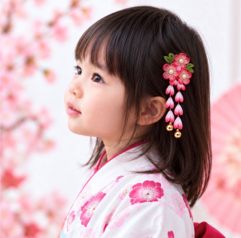 こども 和風 髪飾り ヘアクリップ 女の子 つまみ細工 赤 日本髪